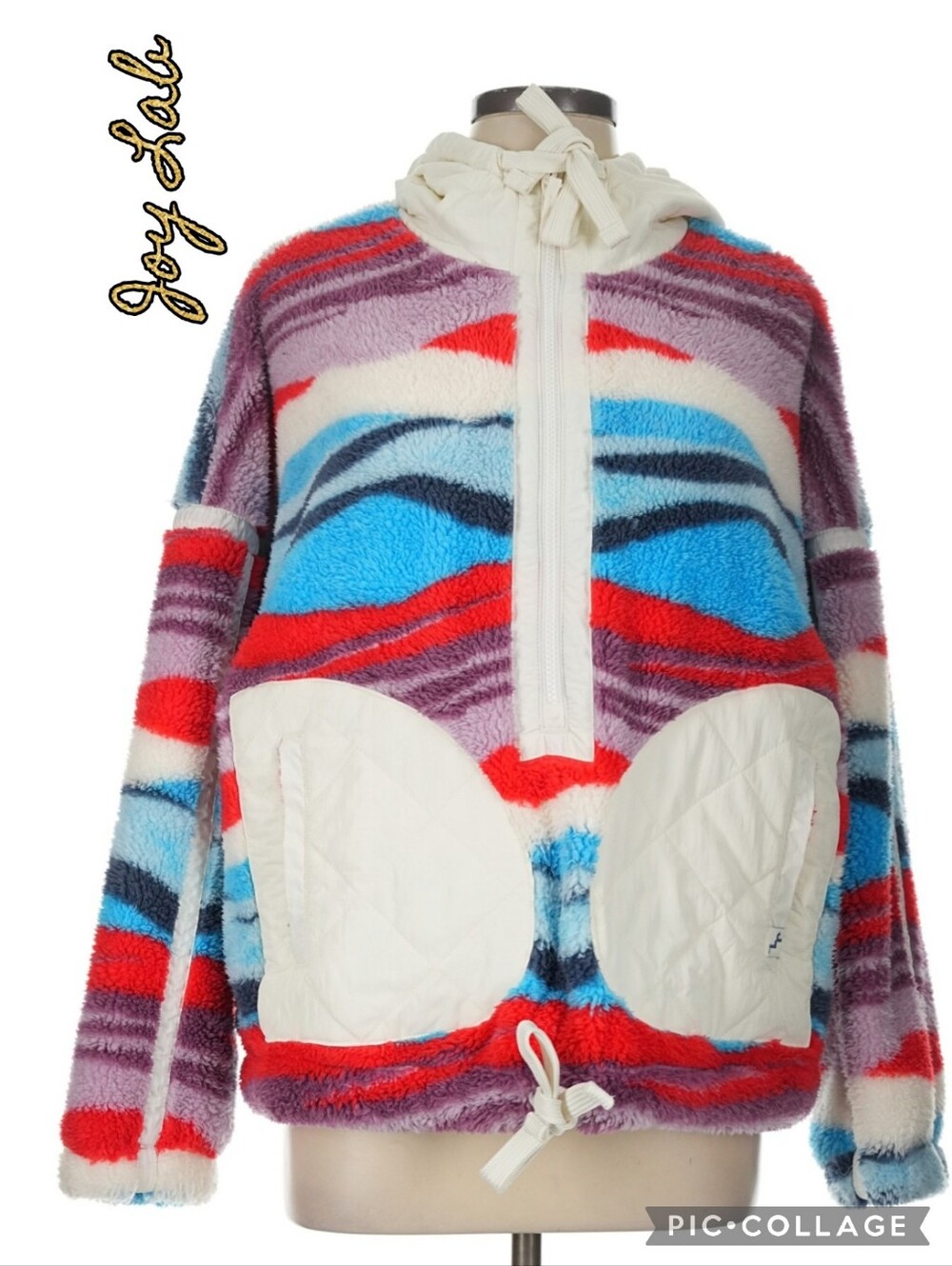 JoyLab hoodie multicolor sherpa half-zip, white accents, lrg pockets double ties